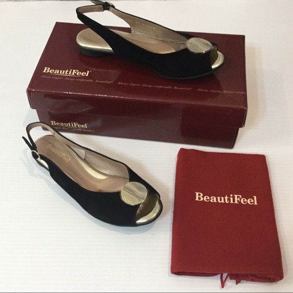 BeautiFeel Shoes - BEAUTIFEEL Demi Black Suede Slingback Flats Gold 6